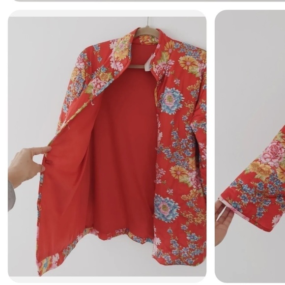 Vintage Vanity Fair Red Floral Tricot Lounge Blazer Jacket Sz 12 - Picture 5 of 7